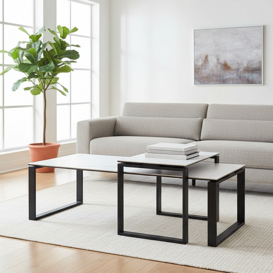 Katrine White Ceramic Coffee Table Set, 2 Moveable Rectangle Tables 115x55cm 69x40cm