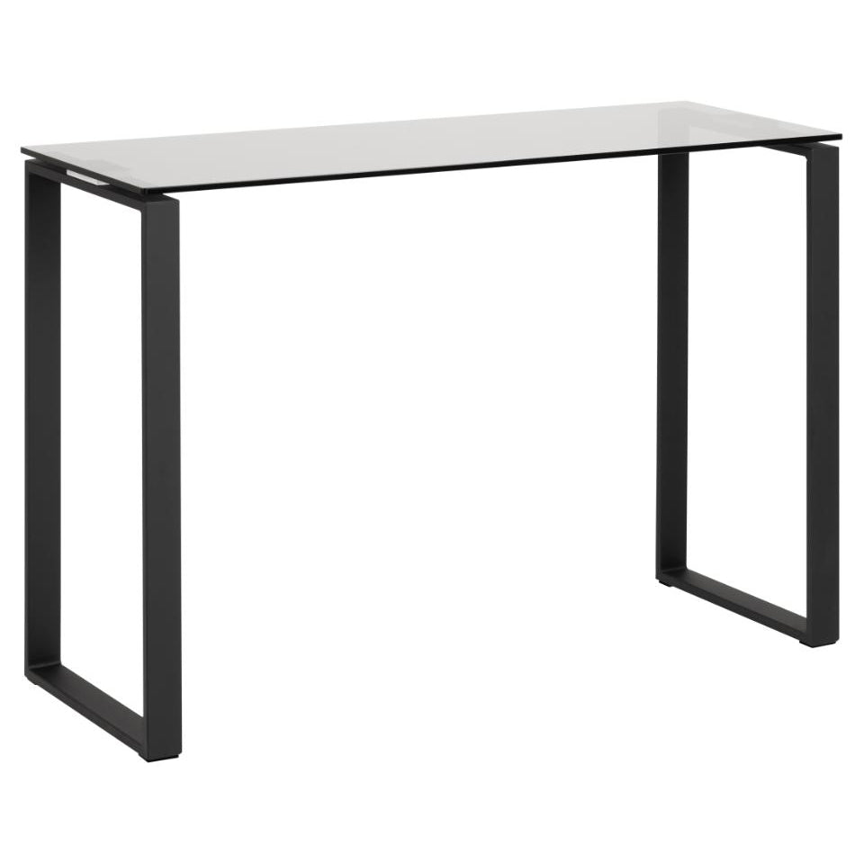 A modern console table with a rectangular white glass top and a black metal frame base, shown against a plain white background.