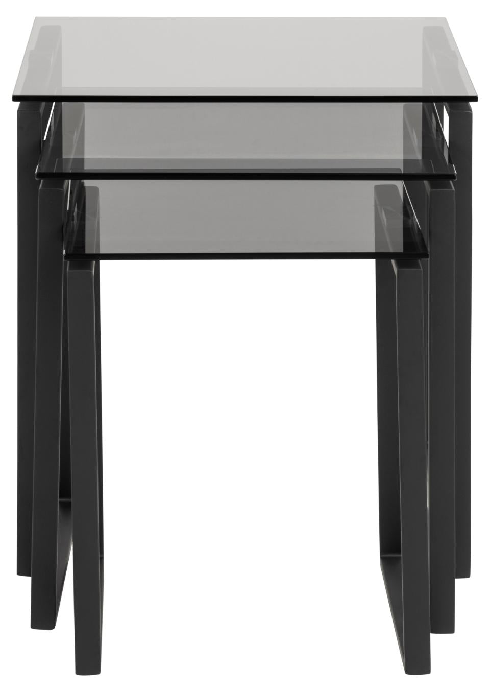 A set of three nested tables with black metal frames and transparent glass tops, shown against a plain white background.
