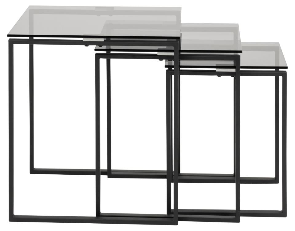 Three nested nesting tables with rectangular black metal frames and clear glass tops, arranged in a staggered layout on a white background.