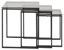 Load image into Gallery viewer, Three nested nesting tables with rectangular black metal frames and clear glass tops, arranged in a staggered layout on a white background.
