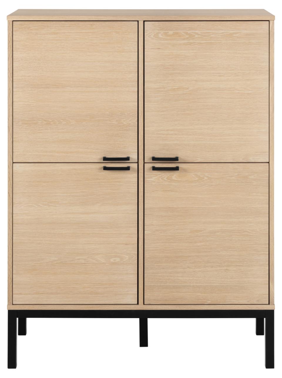 A light oak wood double-door cabinet with black metal handles and legs, shown against a plain white background.