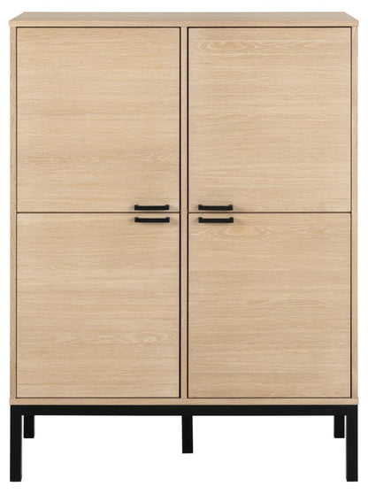 A light oak wood double-door cabinet with black metal handles and legs, shown against a plain white background.