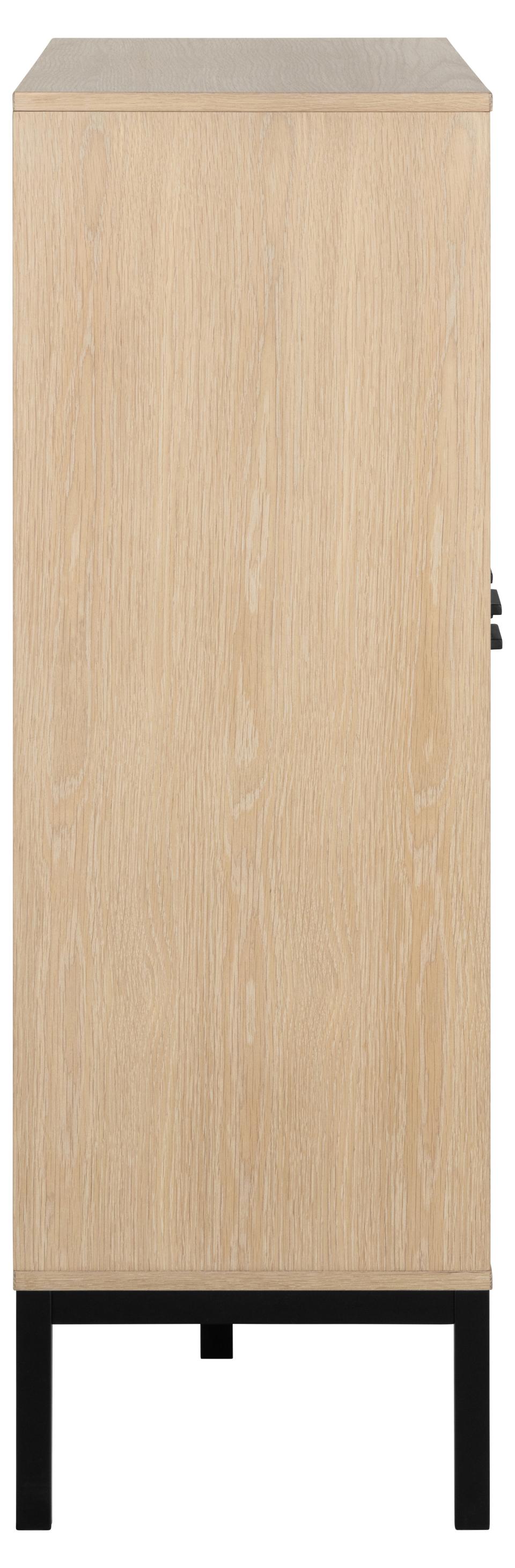 A tall, narrow cabinet with a light natural wood grain finish and a black metal frame base, shown against a plain white background.