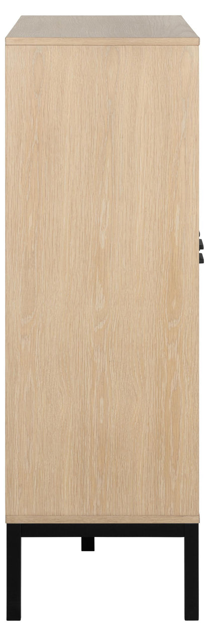 A tall, narrow cabinet with a light natural wood grain finish and a black metal frame base, shown against a plain white background.