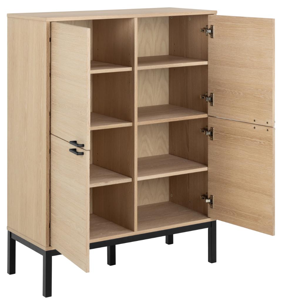 Wooden cabinet with open doors on a white background