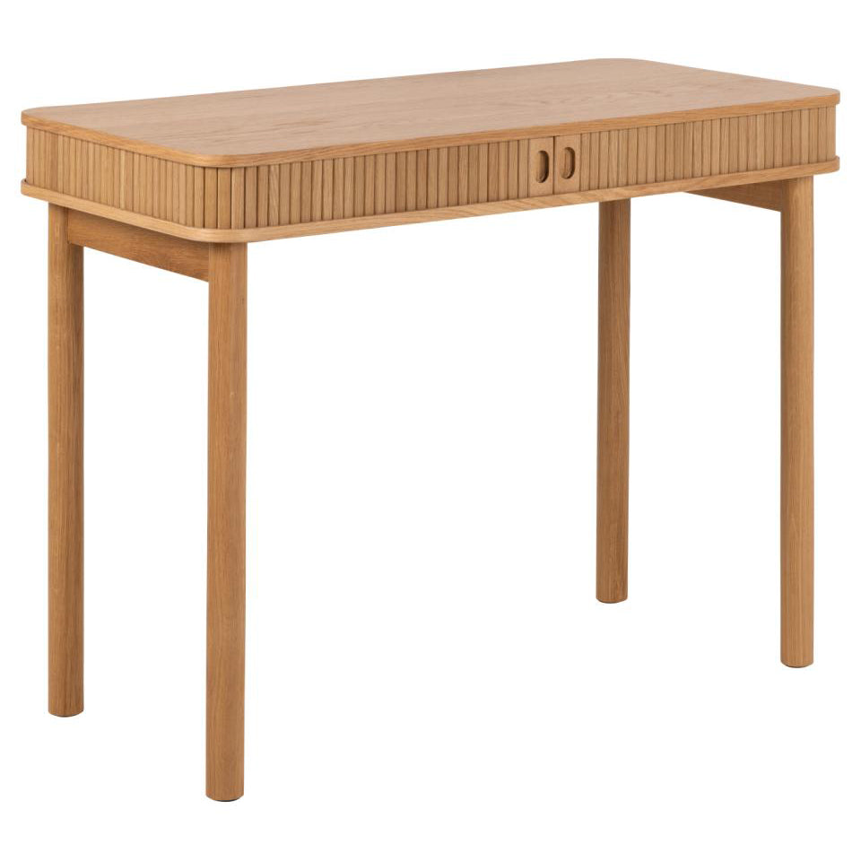 Wooden desk with a single drawer on a white background