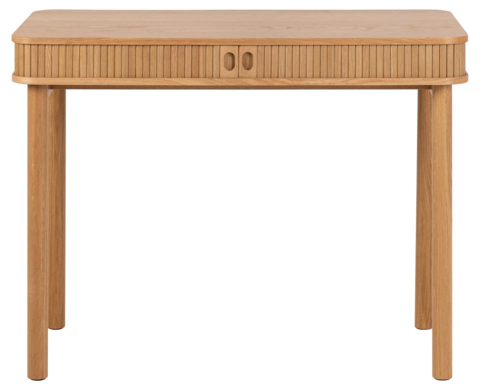 A mid-century modern wooden writing desk with a slatted front, rounded corners, and four tapered legs, shown against a plain white background.