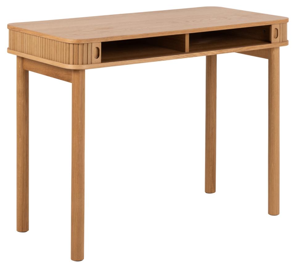 Wooden desk with storage compartments on a white background