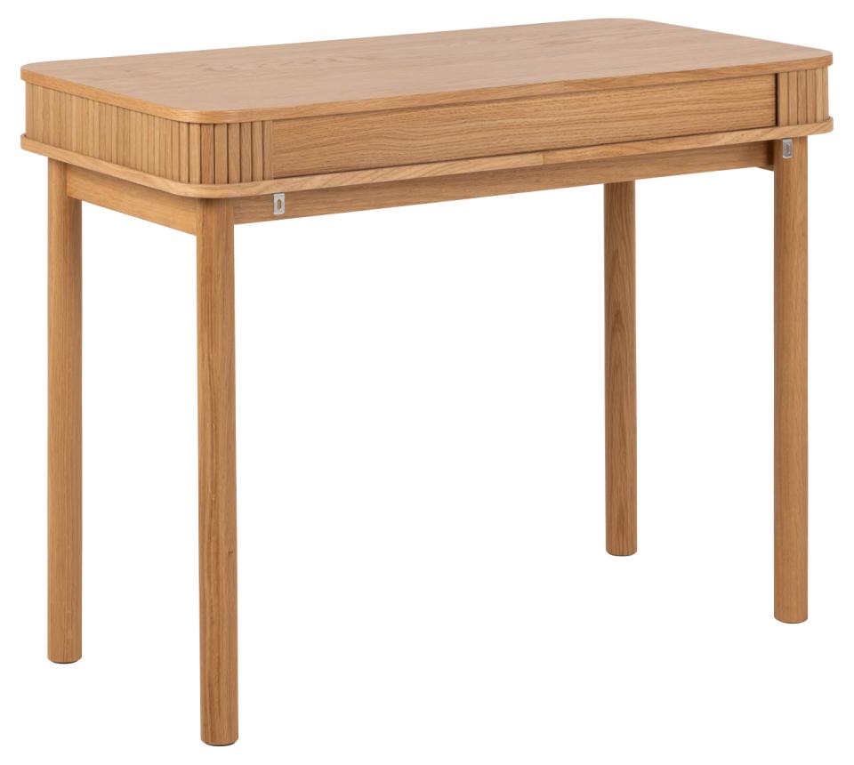 A light oak wood writing desk with a rectangular top, a single drawer with a slatted front, and four tapered legs, shown on a solid white background.