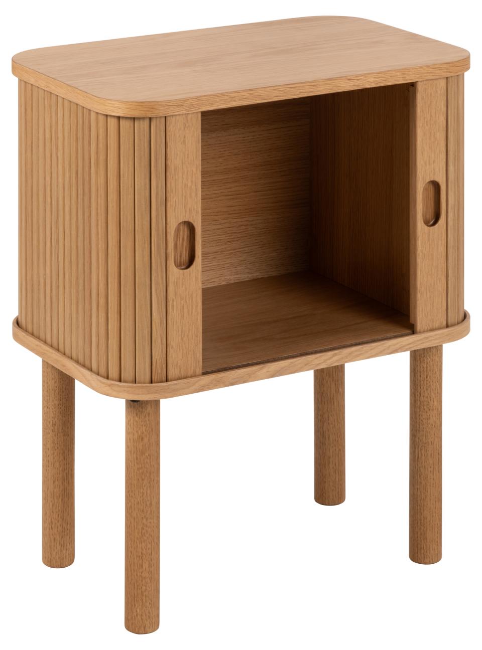 Wooden side table with a single shelf on a white background