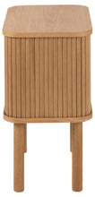 Load image into Gallery viewer, A light oak wood side table with a slatted front design, rounded top, and four legs, shown against a plain white background.
