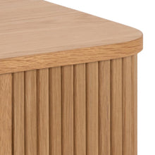 Load image into Gallery viewer, Wooden side table with a slatted design on a white background
