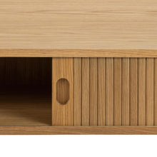 Load image into Gallery viewer, Langley Lamella Coffee Table In Oak With Sliding Tambour Door And Storage 130cm
