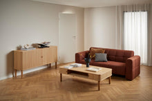 Load image into Gallery viewer, Modern living room with a brown sofa, wooden coffee table, and sideboard.
