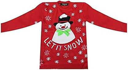 A red long-sleeve Christmas sweater featuring a white snowman wearing a black top hat and green bow tie, surrounded by white snowflakes and the words 'LET IT SNOW' in white.