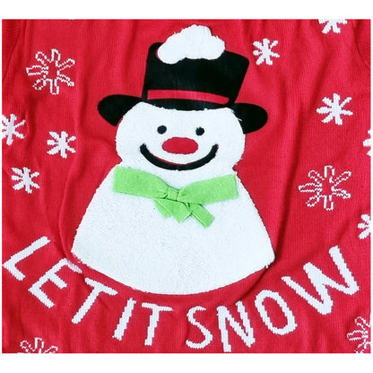 A close-up of a red knit fabric featuring a white snowman applique with a black top hat, green bow, and red nose, surrounded by white snowflake motifs and the words 'LET IT SNOW' in white knit.