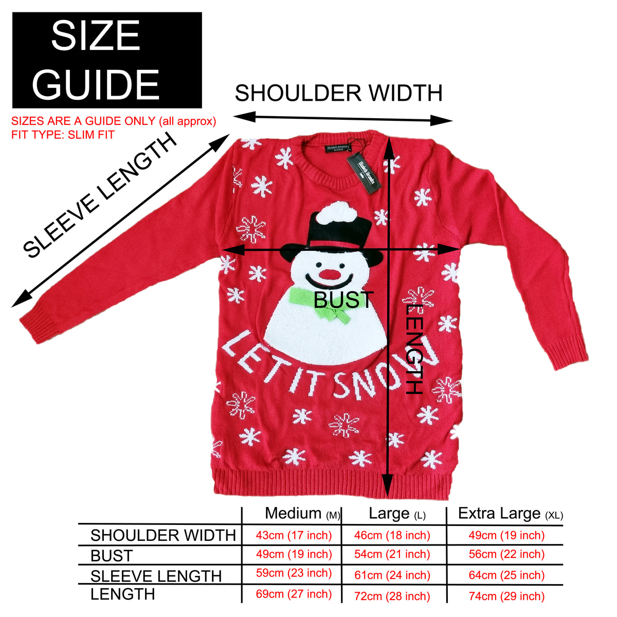 A red knit sweater with a snowman graphic and 'LET IT SNOW' text, shown on a white background with measurement arrows and labels for shoulder width, sleeve length, bust, and length. A size guide box appears at top left, and a size table for Medium, Large, and Extra Large is at the bottom.