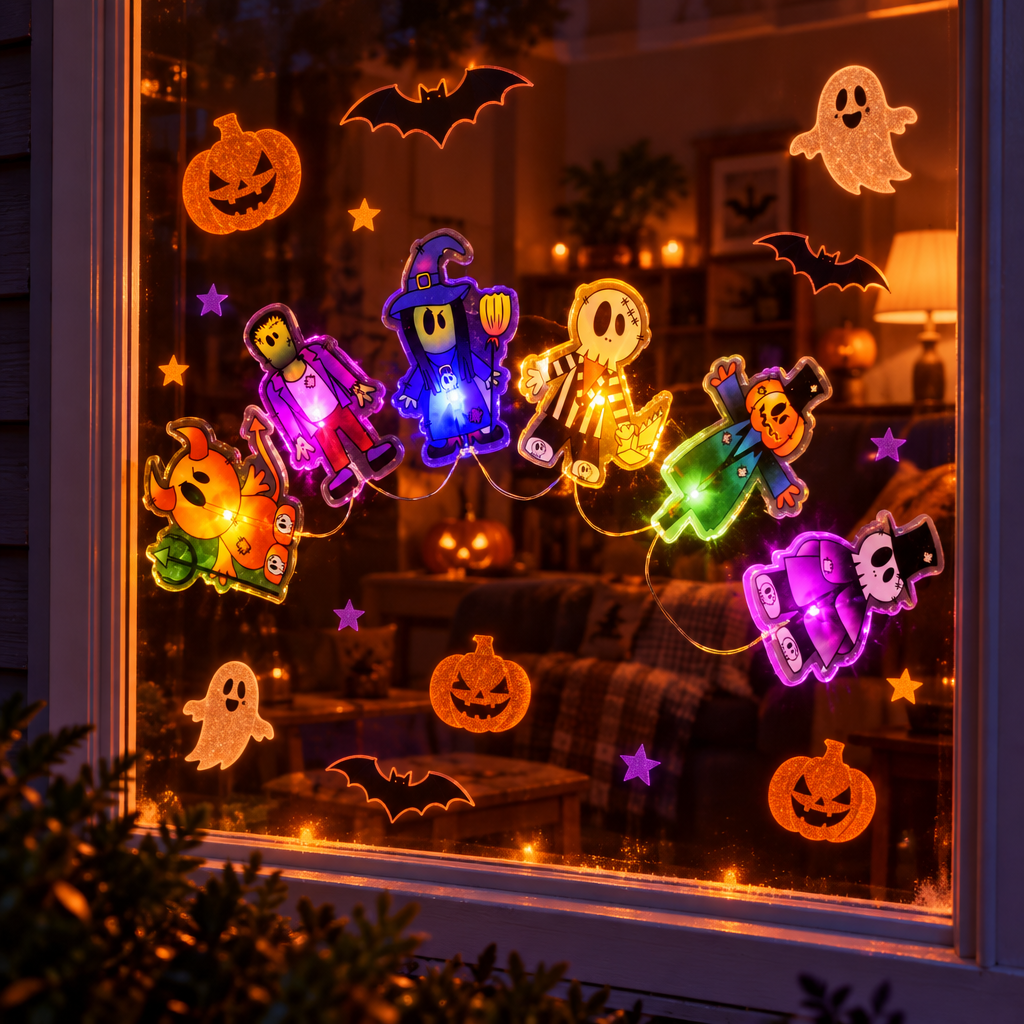 Halloween Icons Light Up Gel Window Stickers Decoration Spooky and Cute Party Glass Decals
