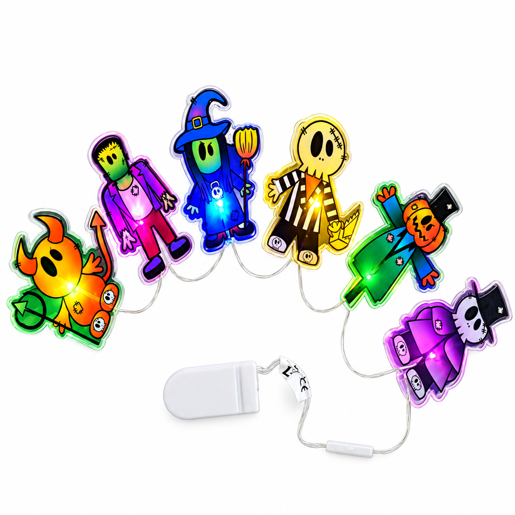 a set of 6 Halloween character window stickers lit up on a white background