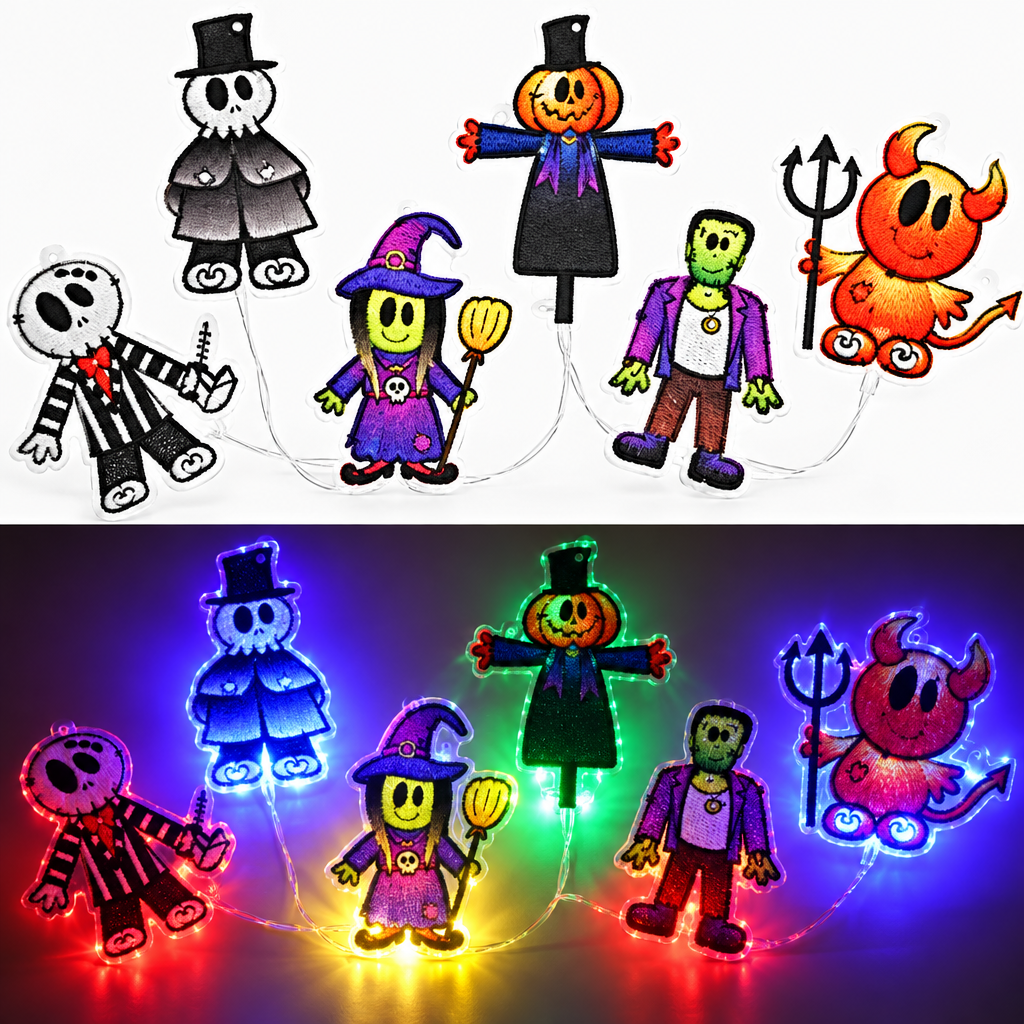 Halloween decoration set featuring six cartoon scarecrow figures on a white backing sheet, with one package insert on the right and a lower demonstration panel showing the figures glowing in different colors.