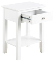 Load image into Gallery viewer, White wooden side table with a drawer on a white background
