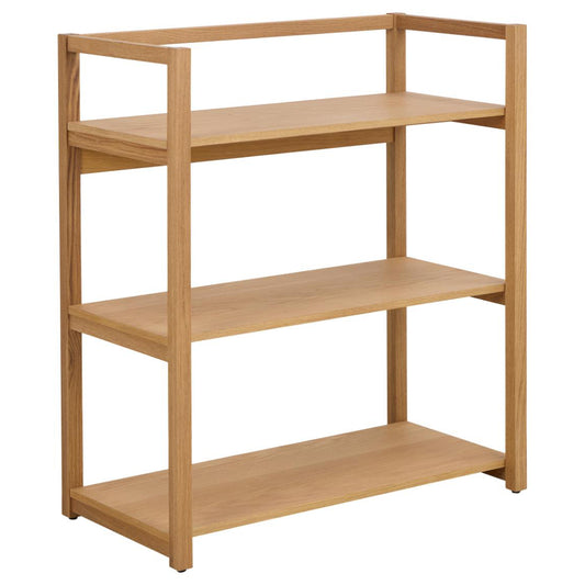 Wooden bookshelf with three shelves on a white background
