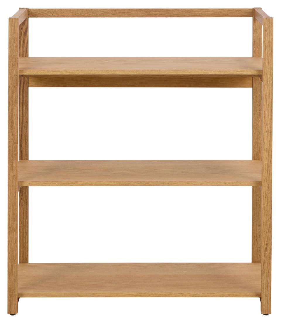 Wooden bookshelf with three shelves on a white background