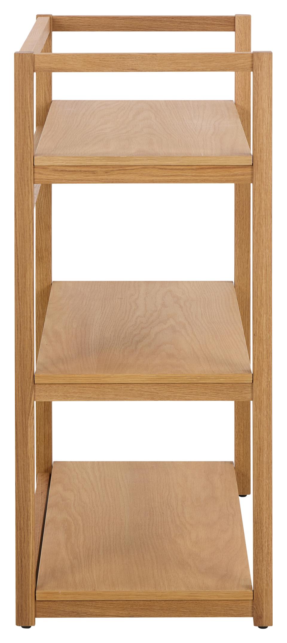 Wooden side table with three shelves on a white background