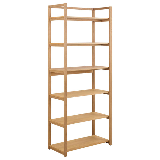 Wooden bookshelf with five shelves on a white background