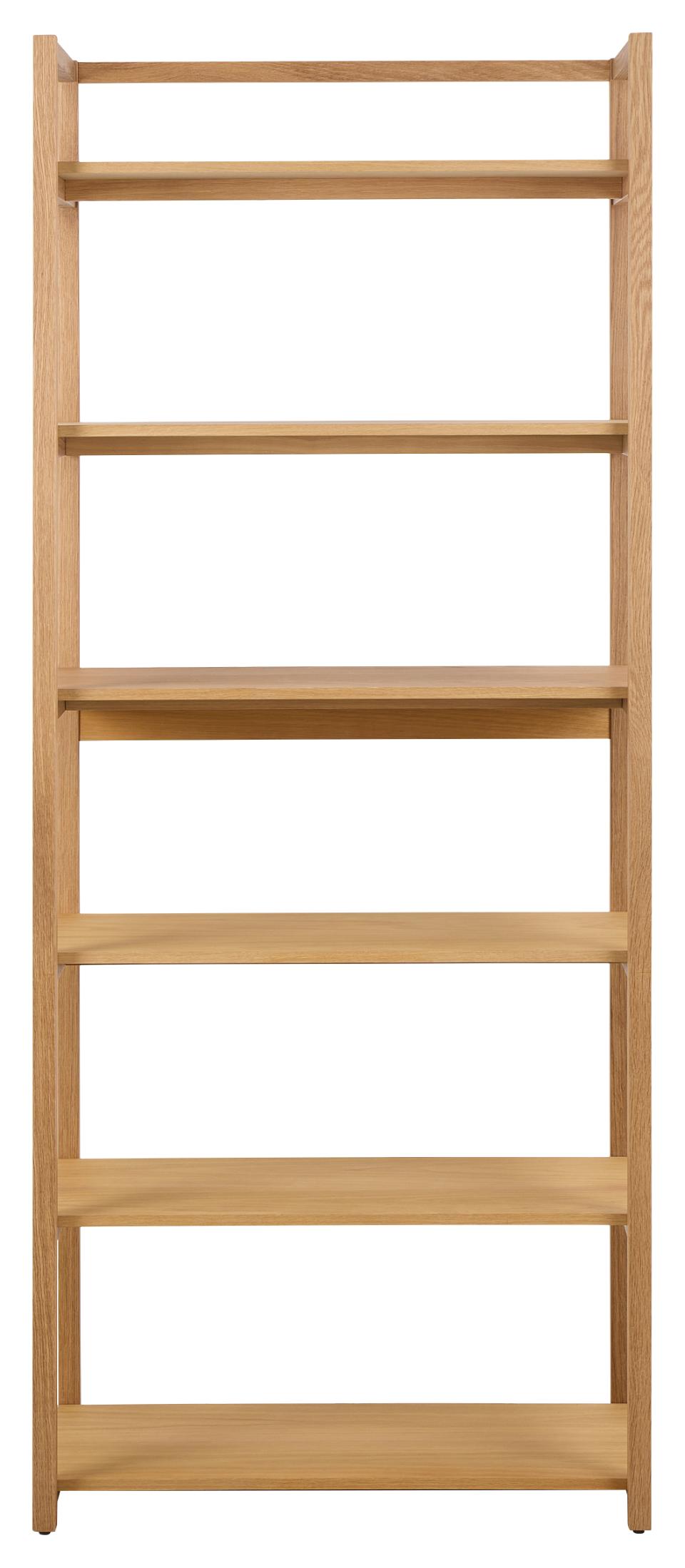 Wooden bookshelf with five shelves on a white background