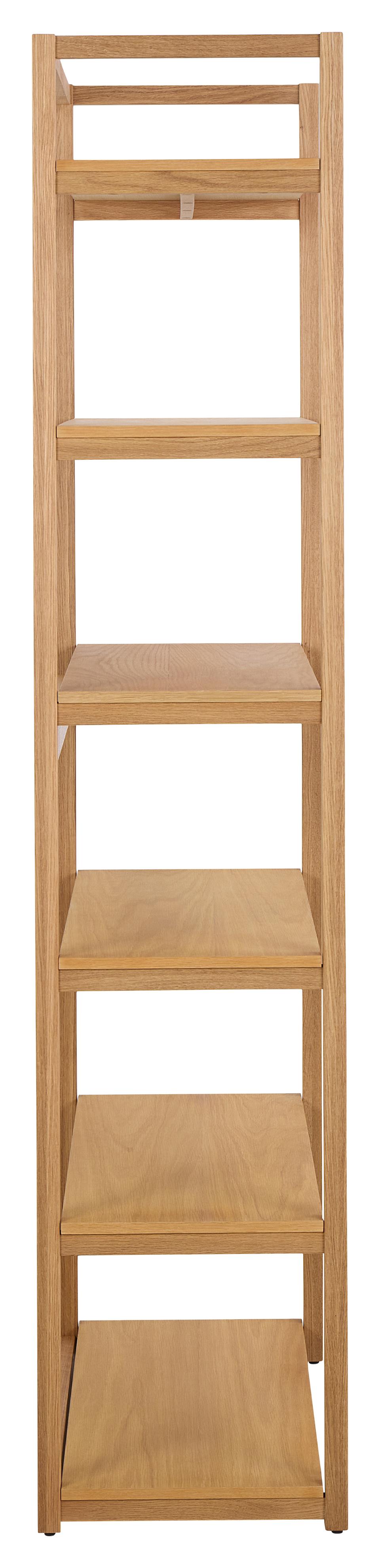 Wooden bookshelf with five shelves on a white background