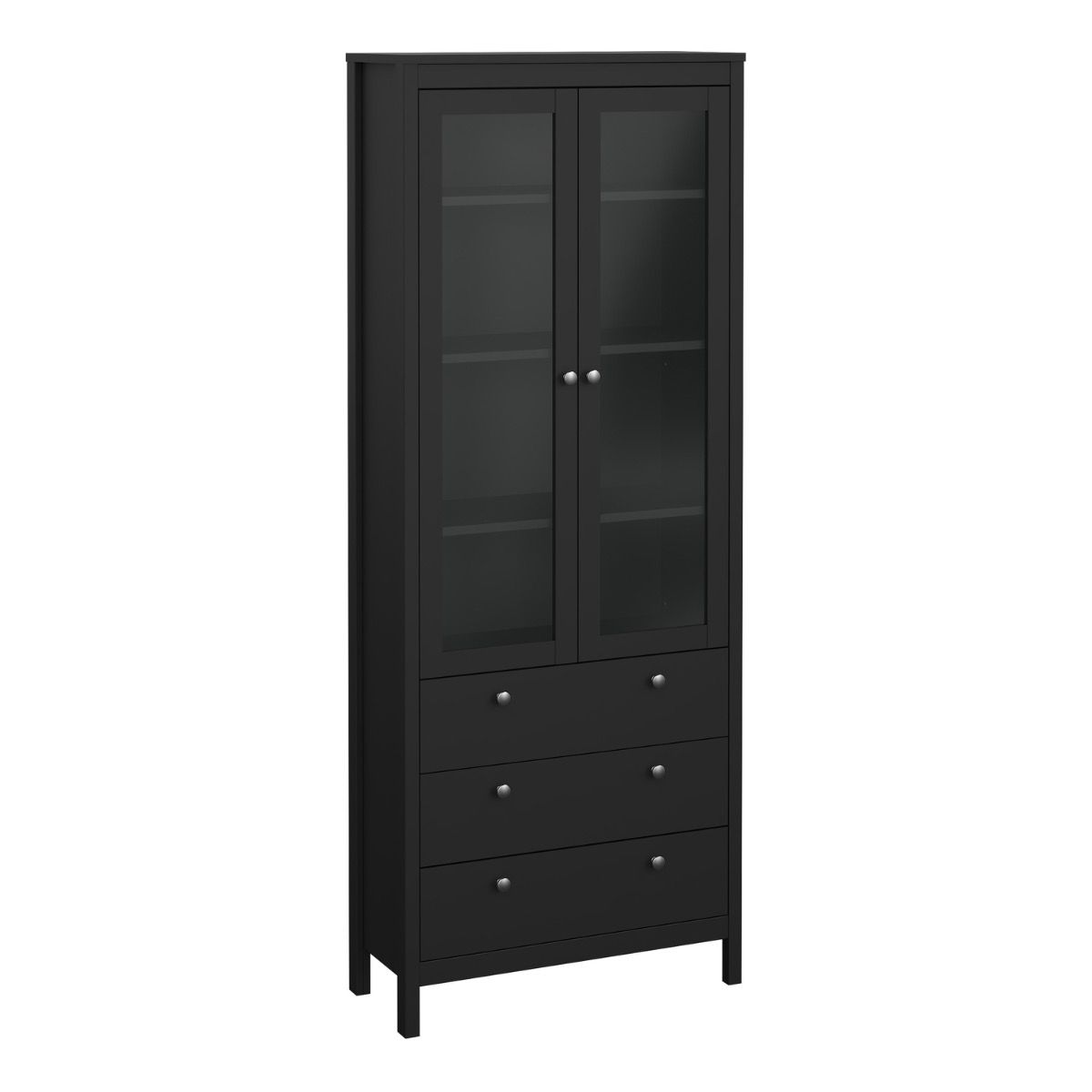 A tall black Madrid wooden display cabinet with two glass-paneled doors and three drawers below, shown on a plain white background.