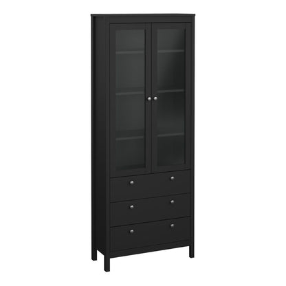 A tall black Madrid wooden display cabinet with two glass-paneled doors and three drawers below, shown on a plain white background.
