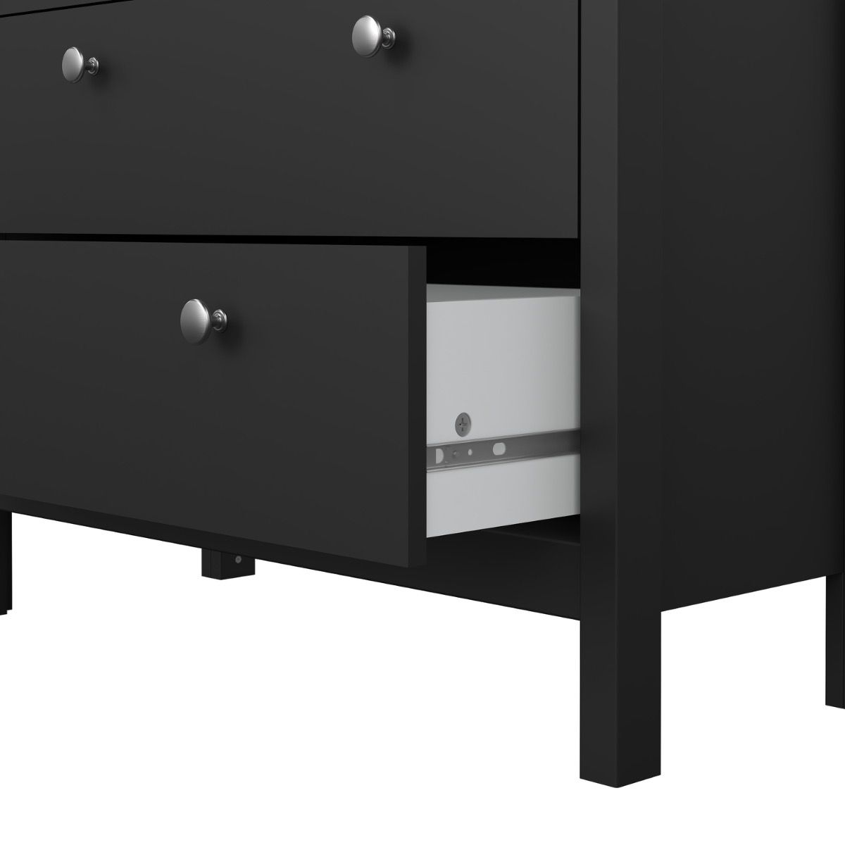 Close-up of a black wooden cabinet with two drawers, one open to reveal a white interior and metal runner on a white background.