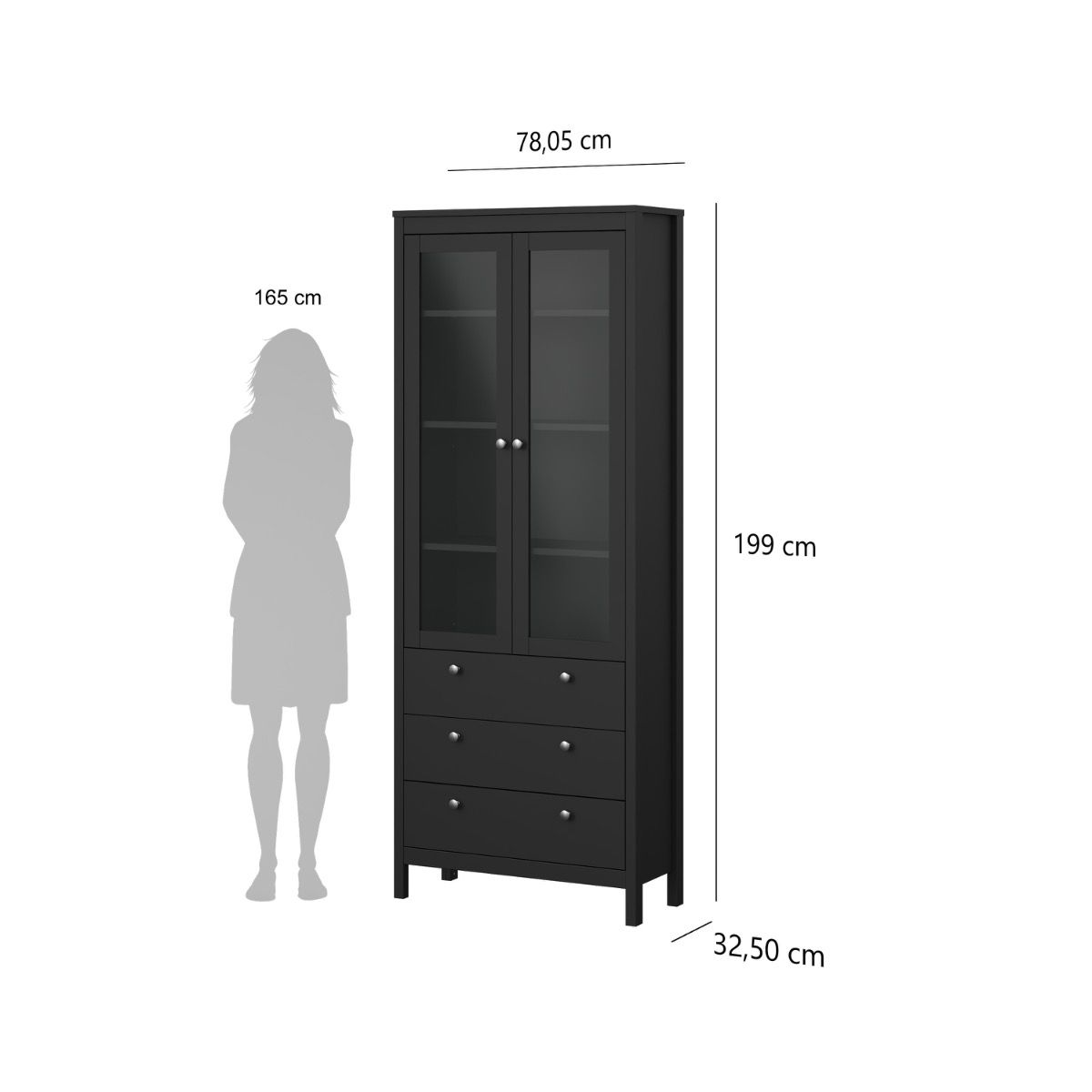 Black wooden display cabinet with glass doors and three drawers, shown with dimension labels (78,05 cm width, 199 cm height, 32,50 cm drawer depth) and a gray silhouette figure for height reference on a white background.