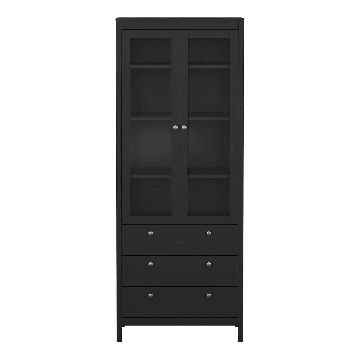 A tall black wooden cabinet with two glass-front upper doors and four drawers below, shown against a plain white background.