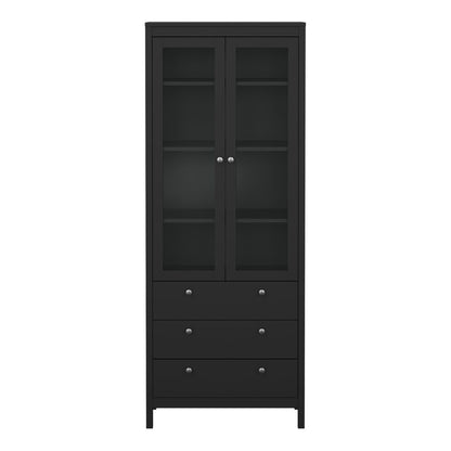 A tall black wooden cabinet with two glass-front upper doors and four drawers below, shown against a plain white background.