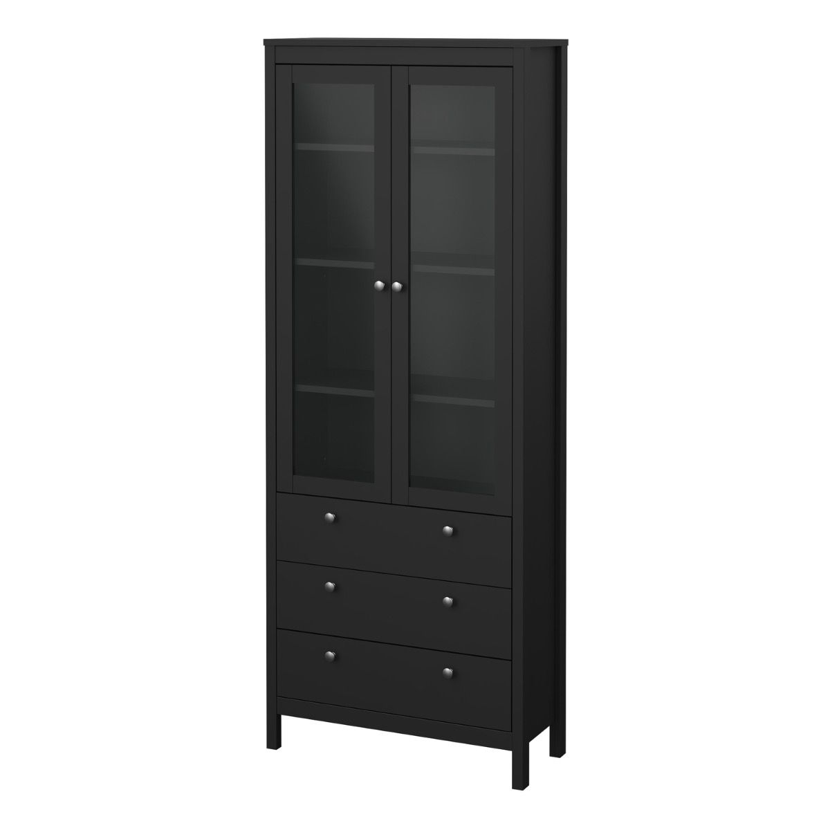 A tall black cabinet with two glass-front upper doors and four drawers below, shown on a plain white background.
