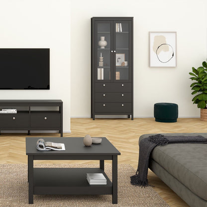 A staged living room scene showing a tall black glass-front cabinet with drawers, a matching black table, a gray sofa, a TV stand, a plant, and a green ottoman against a light wall.