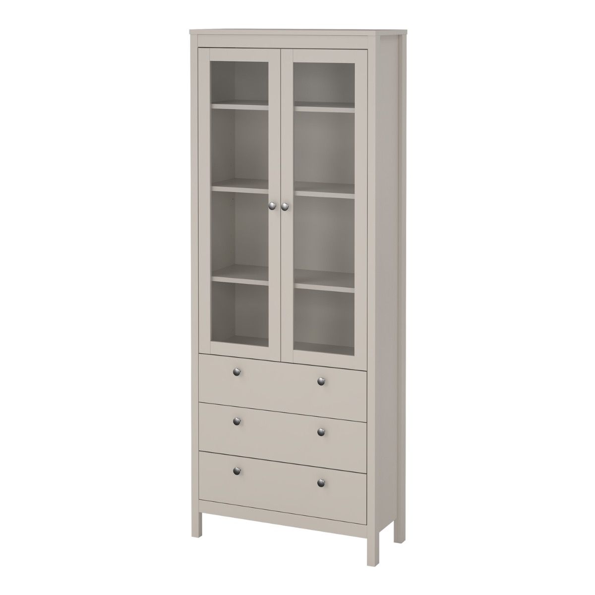 A Madrid cashmere glass display cabinet with two doors, three drawers and three shelves on a white background
