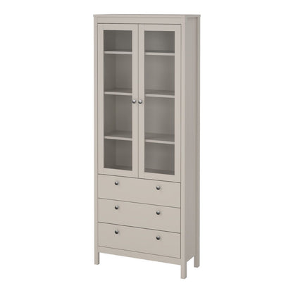 A Madrid cashmere glass display cabinet with two doors, three drawers and three shelves on a white background