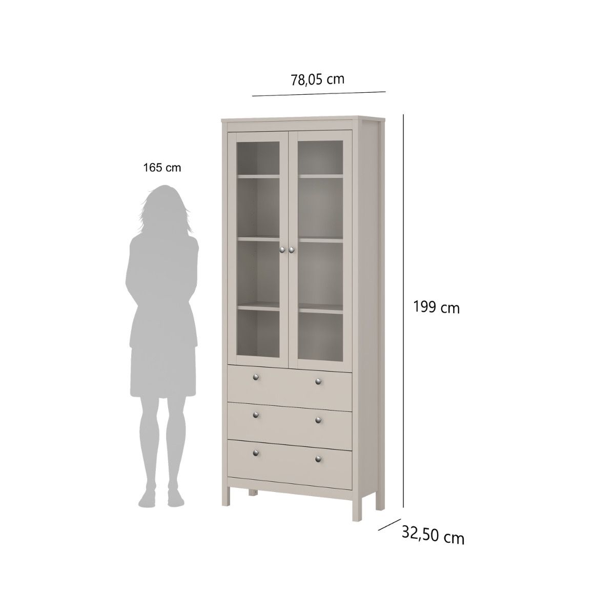 A glass cabinet showing the sizes to be height 199cm, width 78.05cm, depth 32.50cm and a shadow of a lady standing at 165cm all on a white background