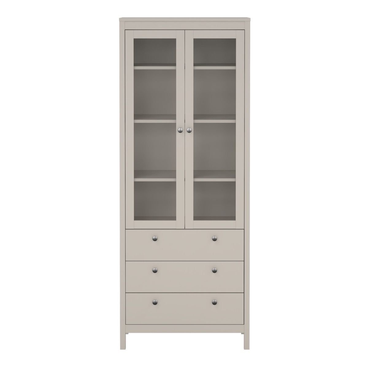 Front view of a Madrid cashmere glass display cabinet with two doors, three drawers and three shelves on a white background
