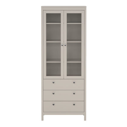 Front view of a Madrid cashmere glass display cabinet with two doors, three drawers and three shelves on a white background