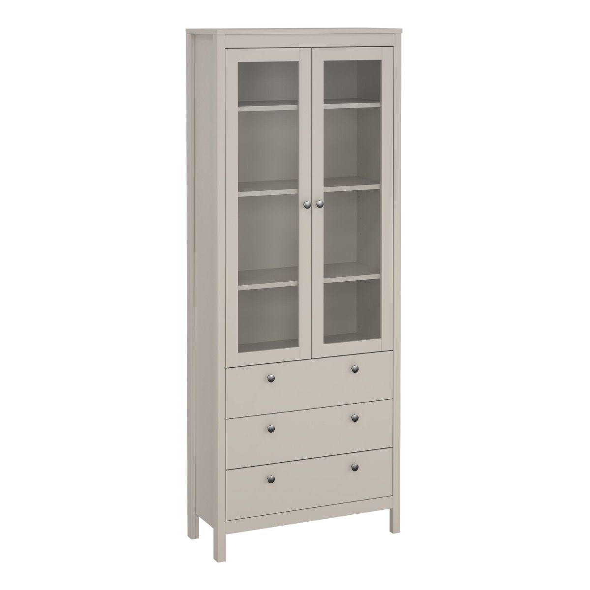 A Madrid cashmere glass display cabinet with two doors, three drawers and three shelves on a white background