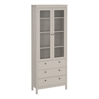 A Madrid cashmere glass display cabinet with two doors, three drawers and three shelves on a white background