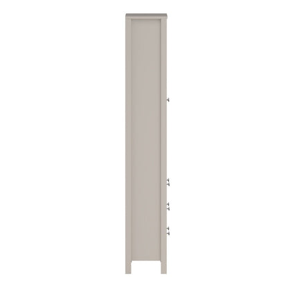 Side view of a Madrid cashmere glass display cabinet with two doors, three drawers and three shelves on a white background
