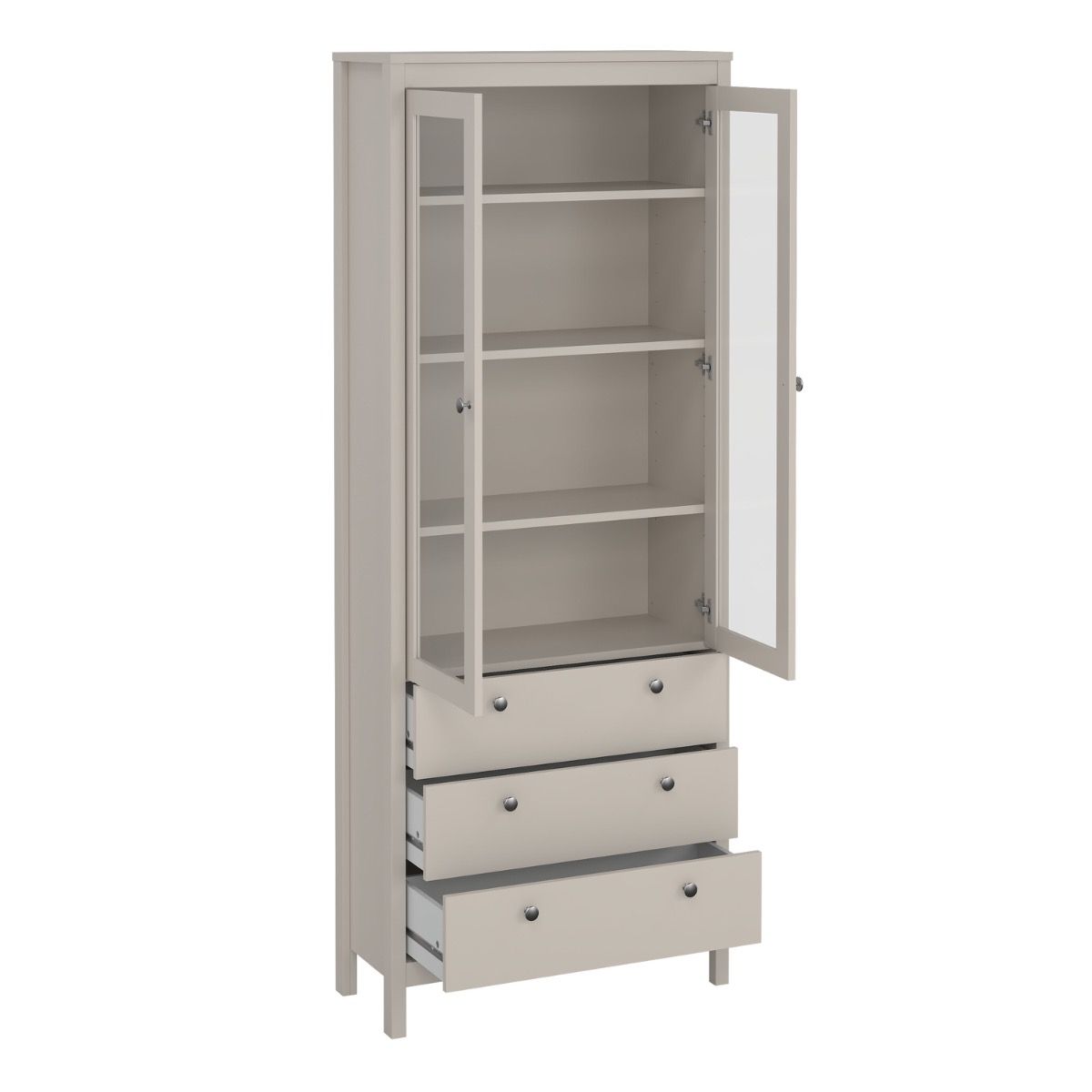A Madrid cashmere glass display cabinet with two open doors, three open drawers and three adjustable shelves on a white background