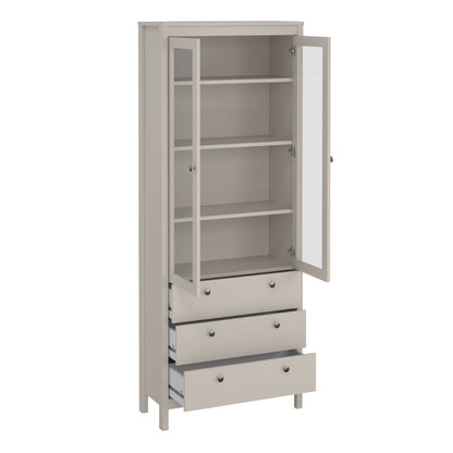 A Madrid cashmere glass display cabinet with two open doors, three open drawers and three adjustable shelves on a white background